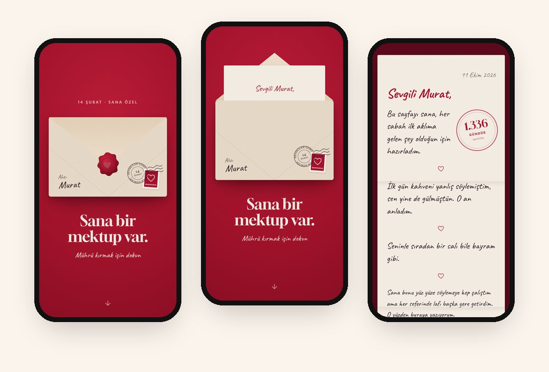 Sevgililer Günü temalı sevgi sayfası: mühürlü zarf kapağı, açılan zarf ve el yazısıyla mektup