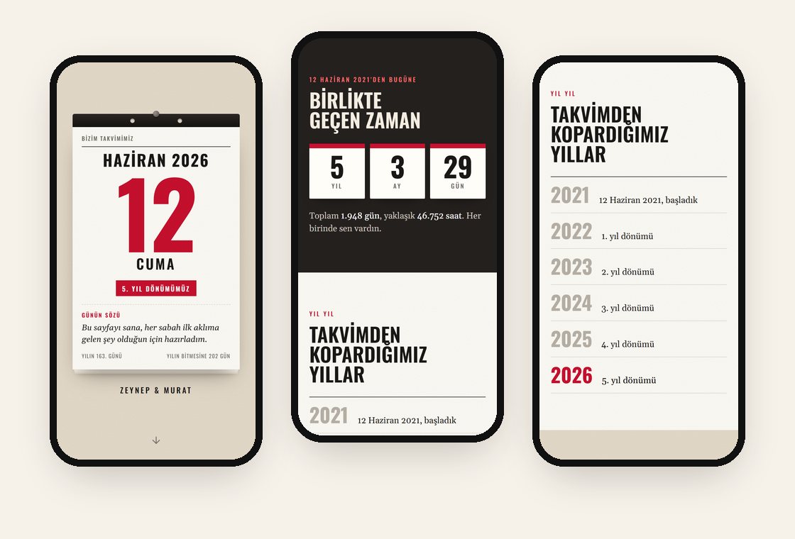 Yıl dönümü temalı sevgi sayfası: takvim yaprağı kapağı, birlikte geçen yıl ay gün ve yıl yıl şerit