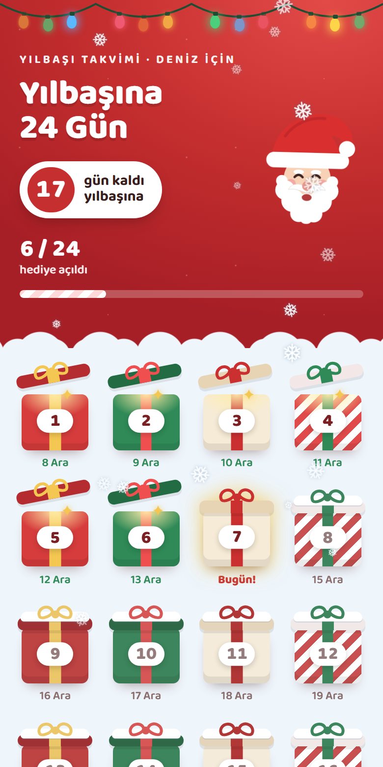 Yılbaşı takvimi: kırmızı bantta Noel Baba ve yılbaşı ışıkları, karlı zeminde 24 hediye kutusu; açılanların kapağı kalkmış, bugünün kutusu parlıyor